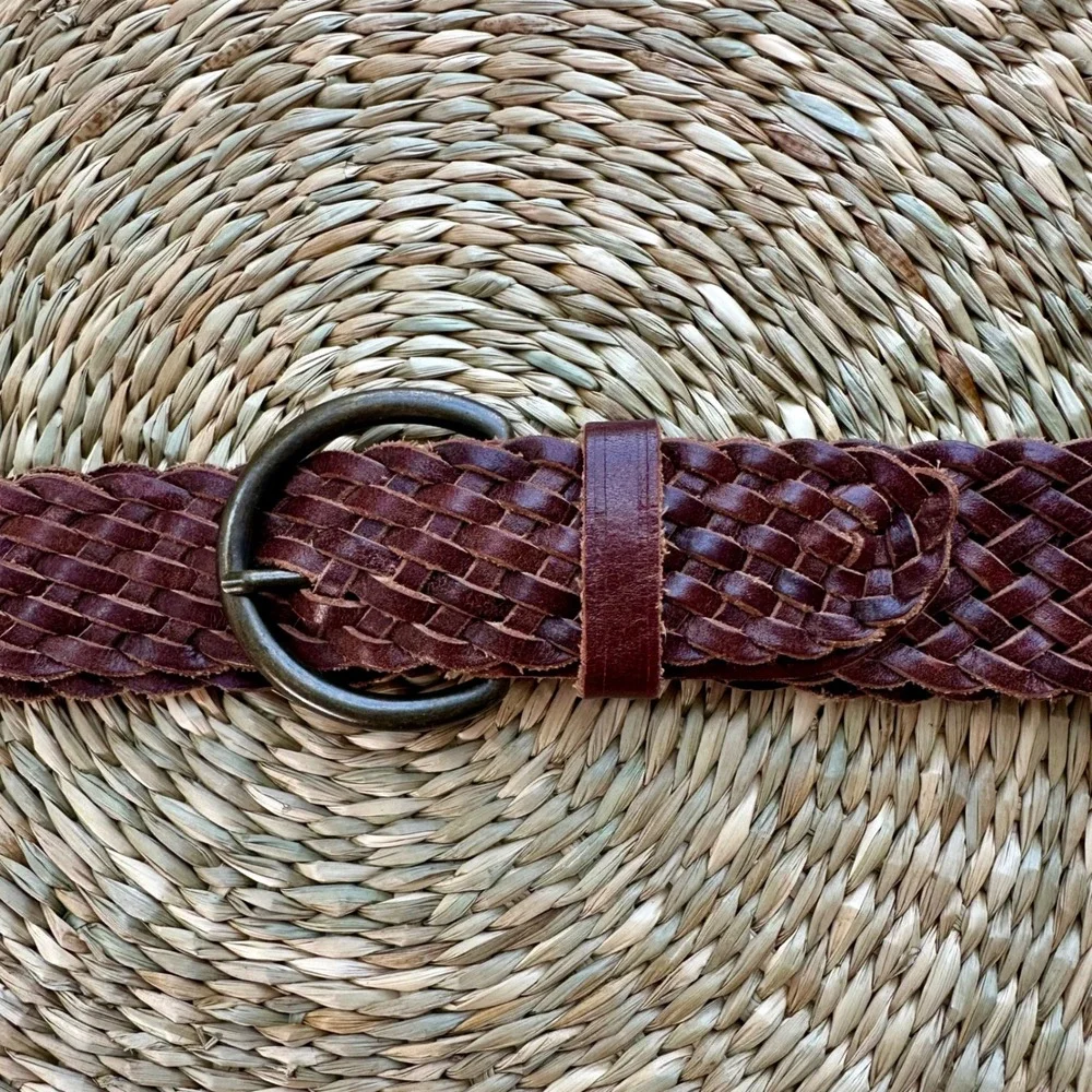 Gap Womens Brown Woven Leather Braided Belt Small Brass D-Ring Buckle Boho 40in
